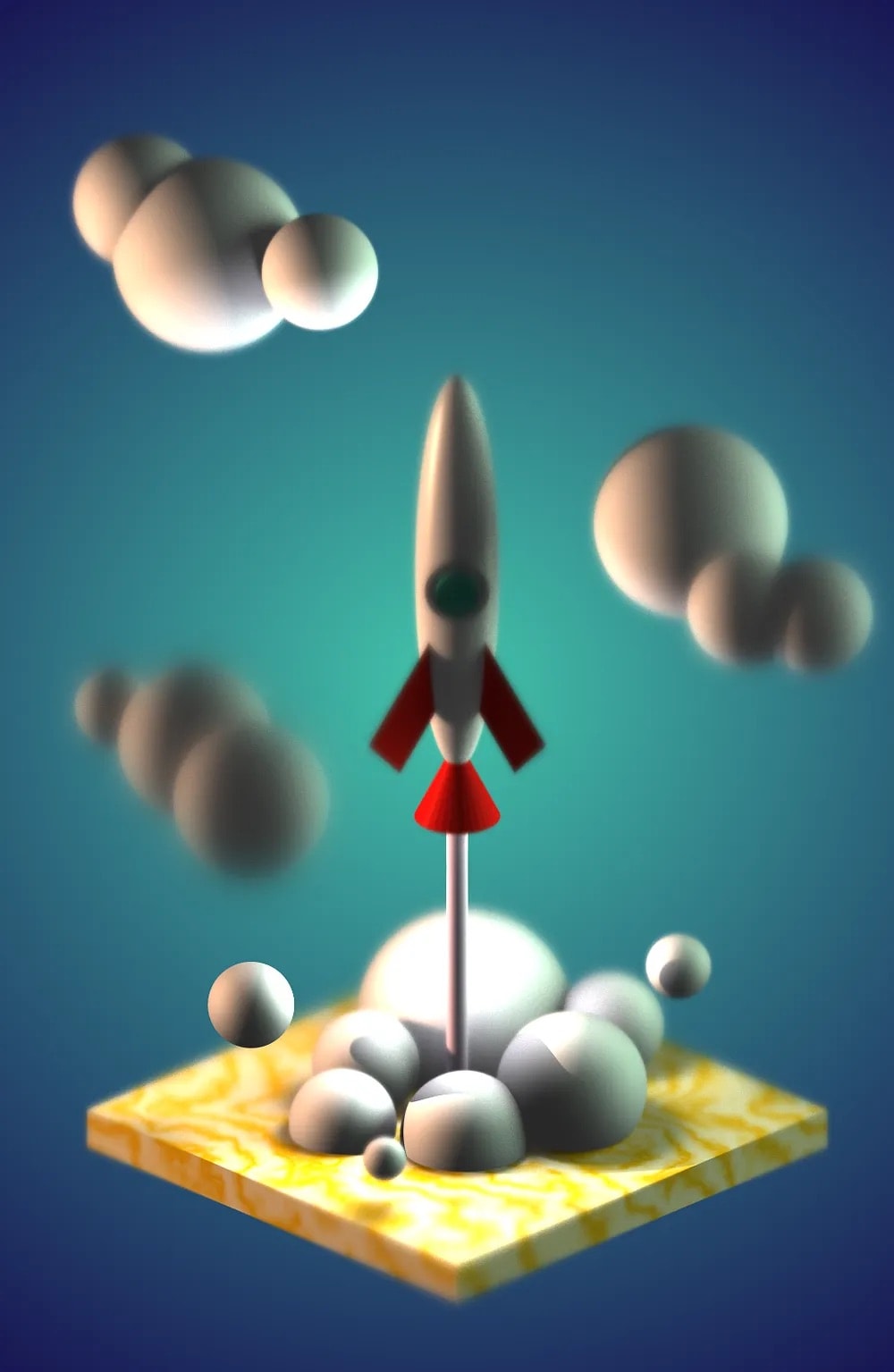 Rendered scene of rocket taking off, depth of field.