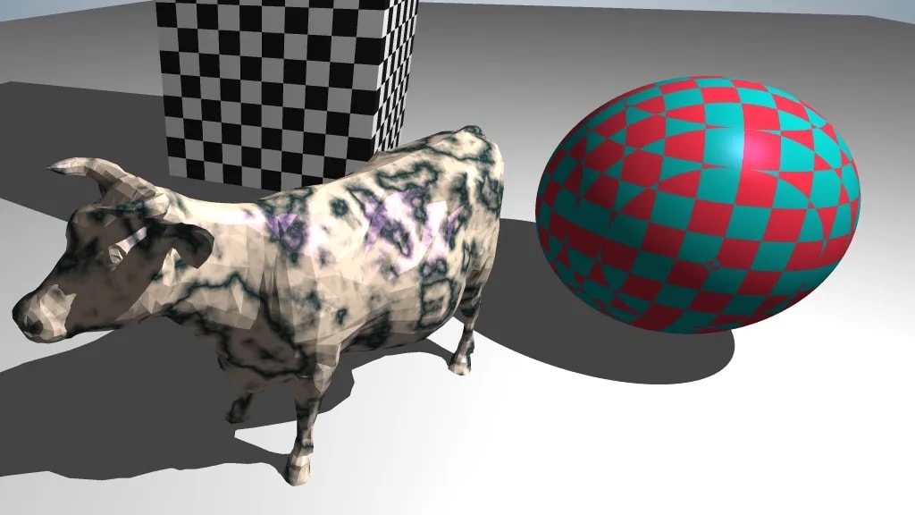 Scene showing a cow with a marble texture, and a cube and a sphere with 3D chess pattern textures.